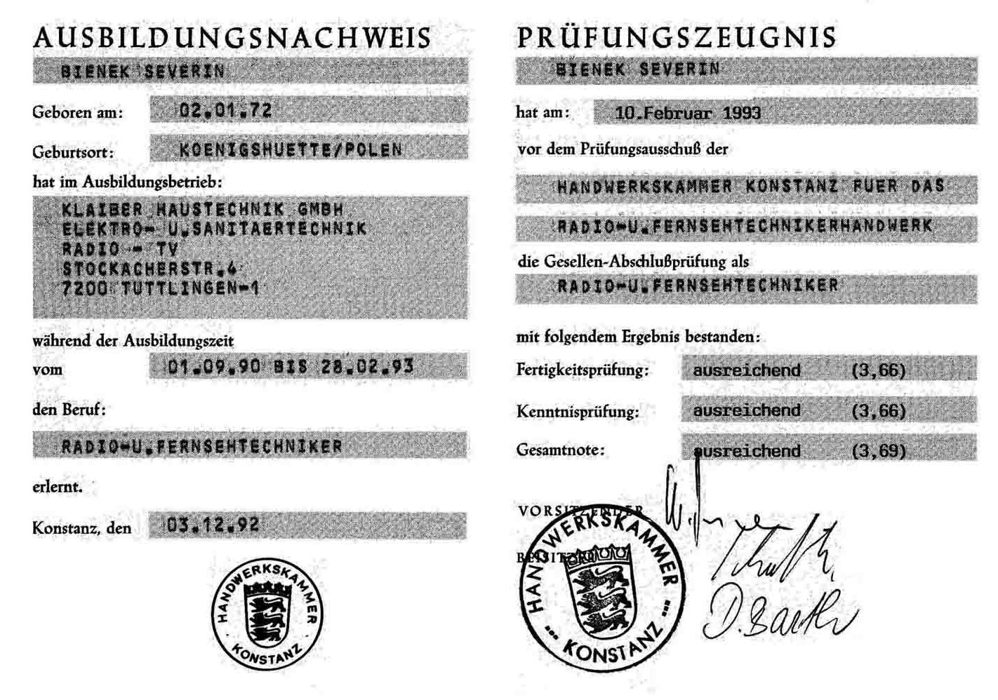 Gesellenbrief Radio- und Fernsehtechniker